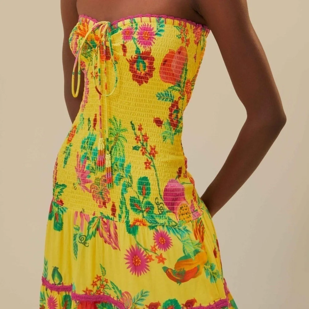 Farm Rio Delicate Fruit Garden Yellow Smocked Strapless Halter Tiered Maxi Dress - Picture 7 of 14